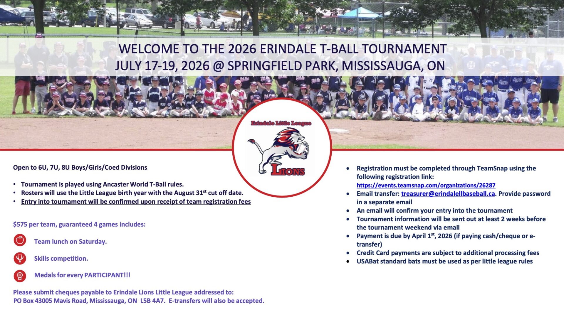 Erindale LL 2026 T-ball tournament flyer